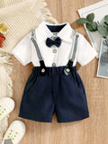 Baby 3 Piece Navy Blue Bow Tie Short Sleeve Suspender Set