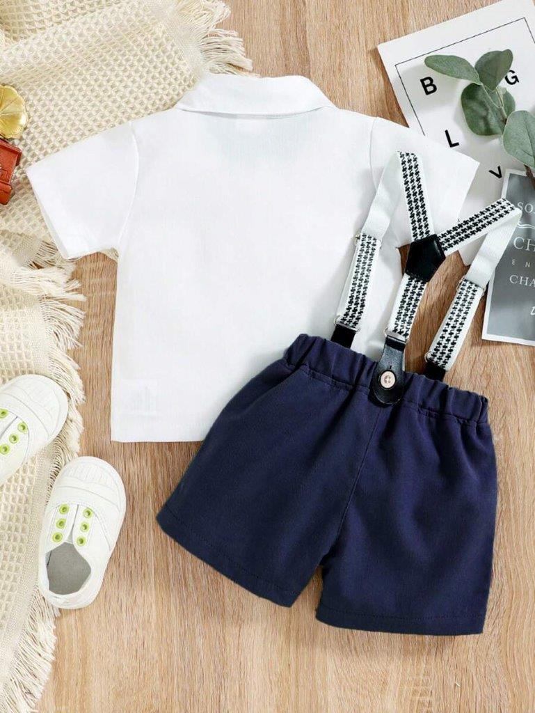 Baby 3 Piece Navy Blue Bow Tie Short Sleeve Suspender Set