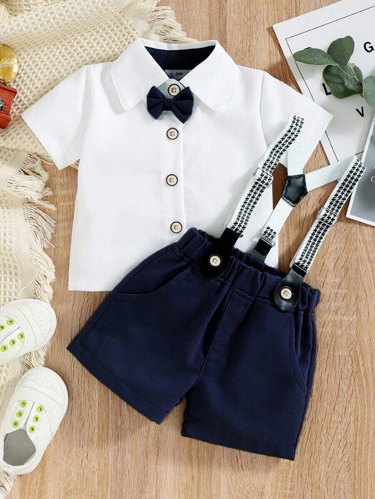 Baby 3 Piece Navy Blue Bow Tie Short Sleeve Suspender Set
