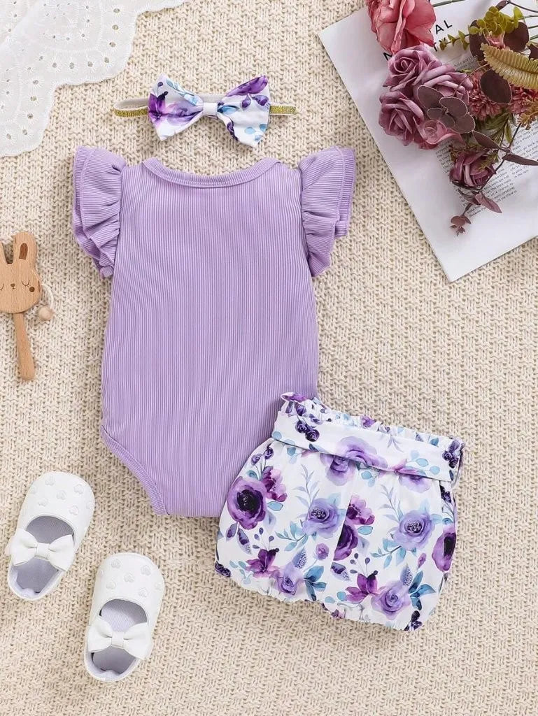 Baby Ribbed Ruffle bodysuit With Bow Shorts Set Purple