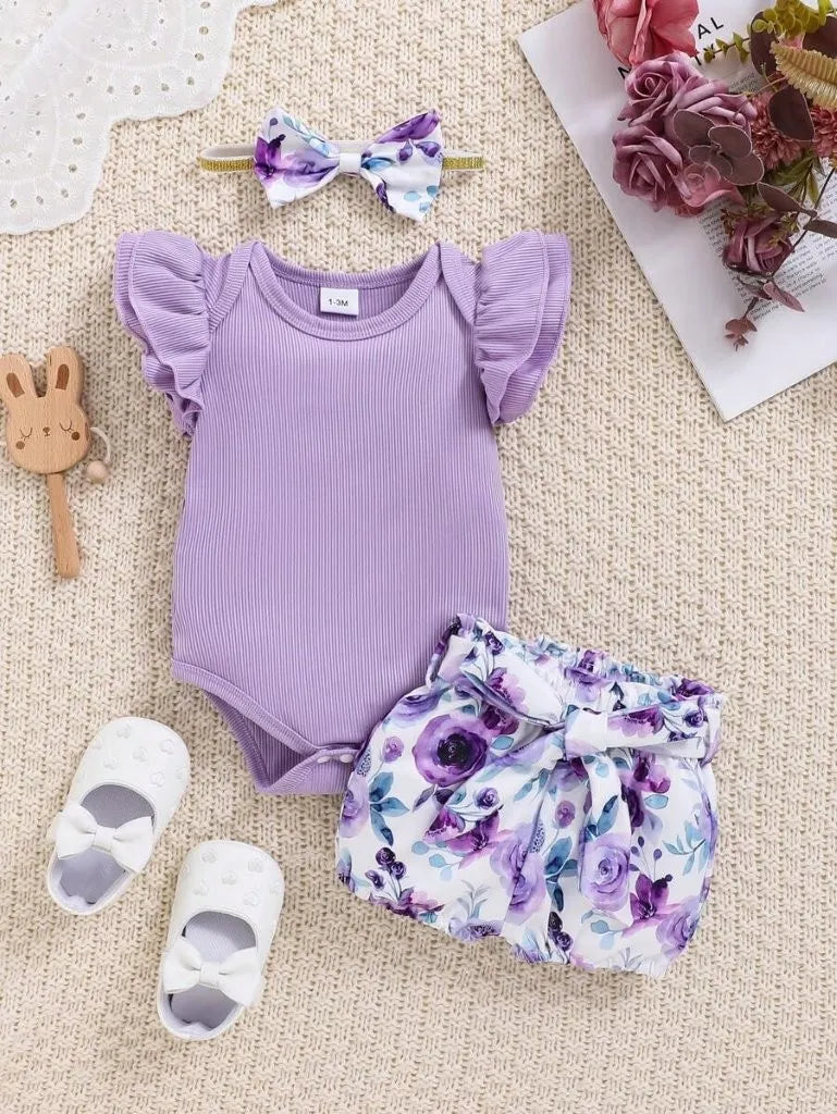 Baby Ribbed Ruffle bodysuit With Bow Shorts Set Purple