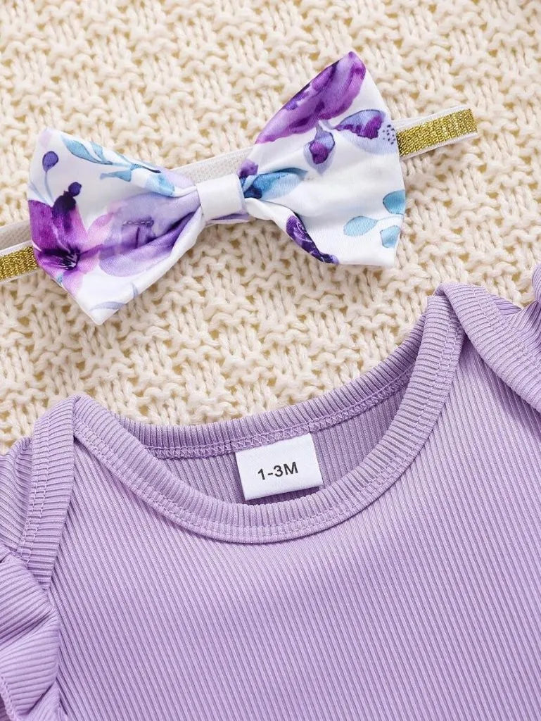 Baby Ribbed Ruffle bodysuit With Bow Shorts Set Purple