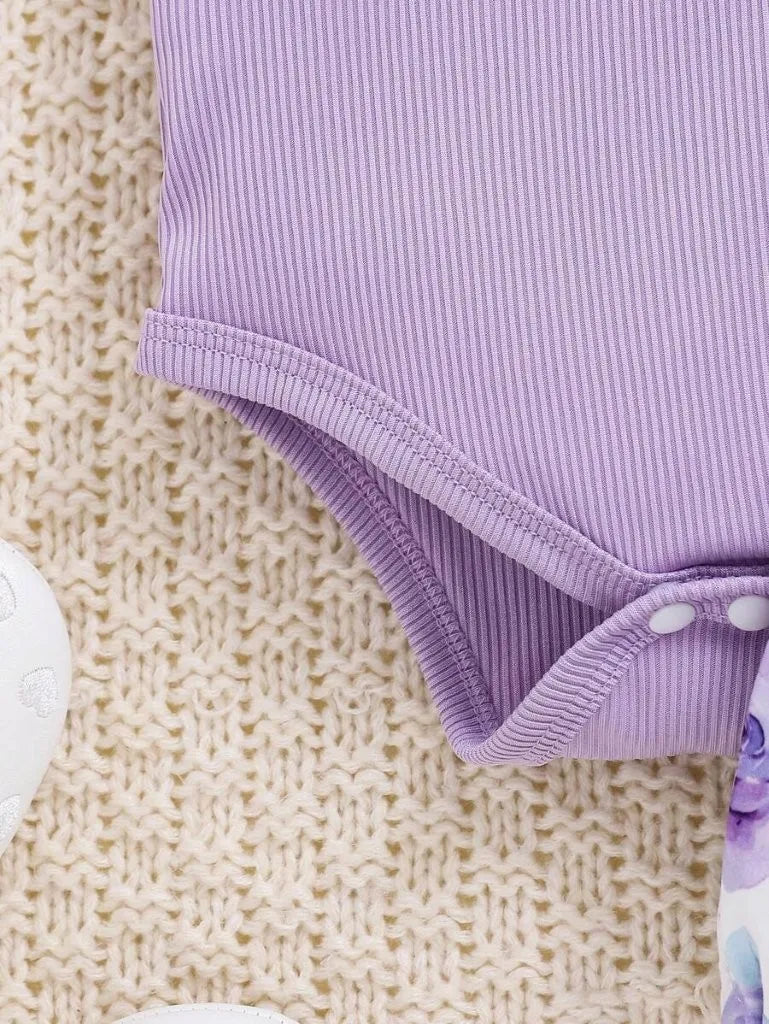 Baby Ribbed Ruffle bodysuit With Bow Shorts Set Purple