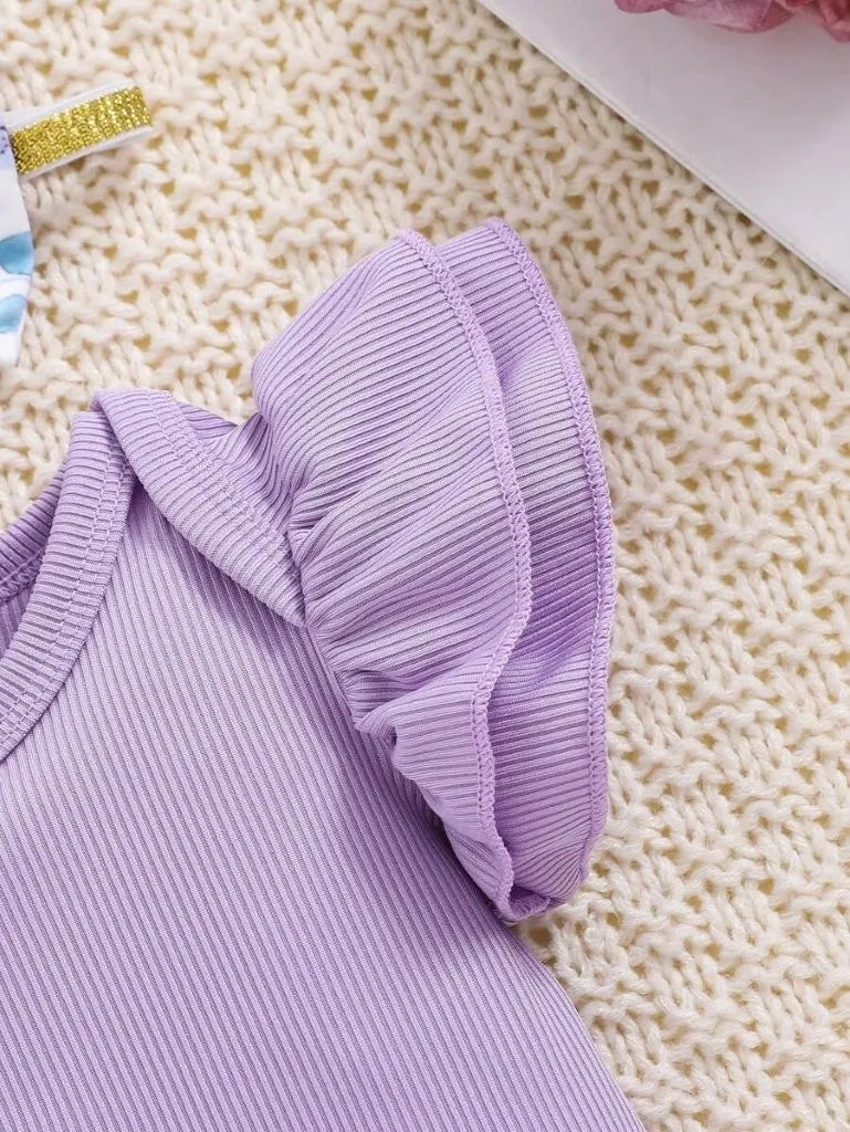 Baby Ribbed Ruffle bodysuit With Bow Shorts Set Purple