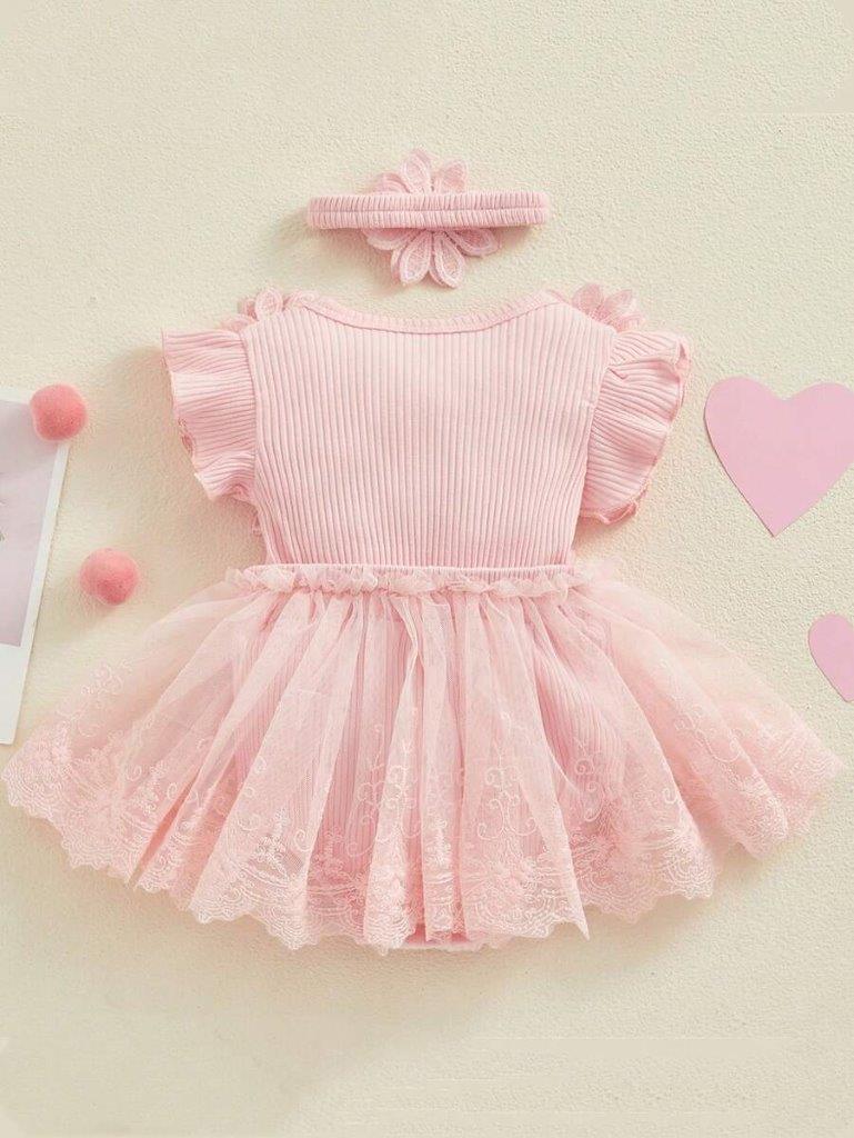 Baby Pink Ruffle Flower Tutu Bodysuit Dress Set