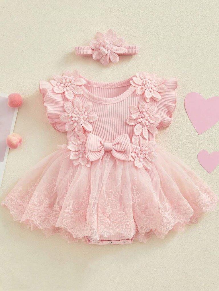 Baby Pink Ruffle Flower Tutu Bodysuit Dress Set