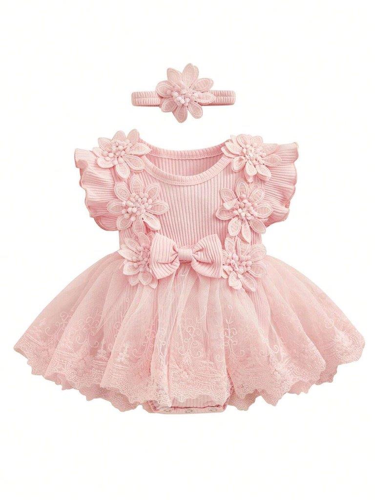 Baby Pink Ruffle Flower Tutu Bodysuit Dress Set