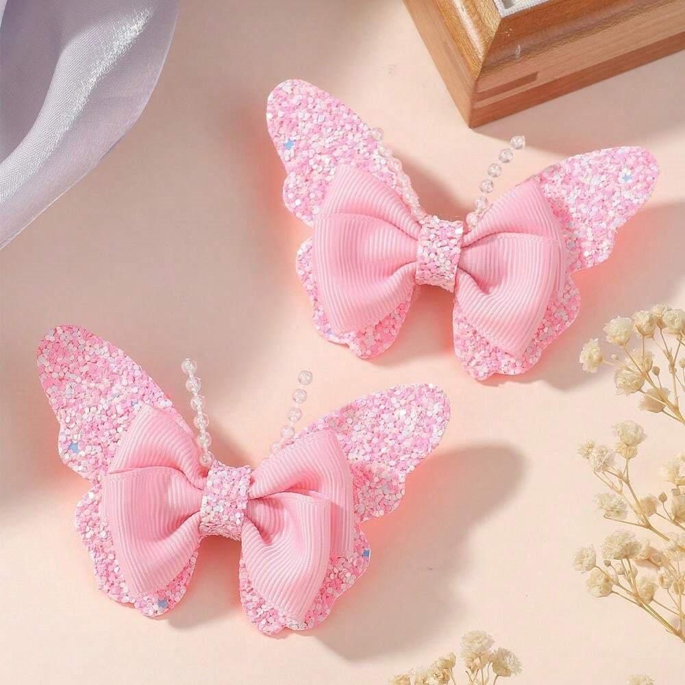 2 Piece Glitter Butterfly Hair Clips Pink
