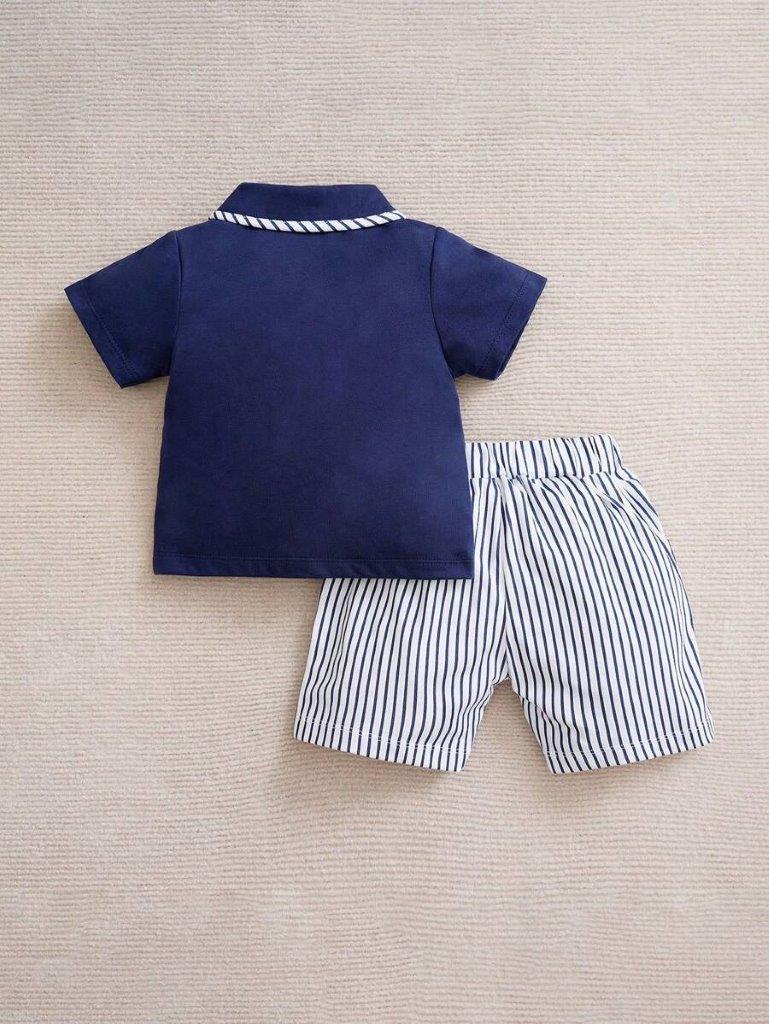 Baby Stripe Bow 2 Piece Set Navy Blue