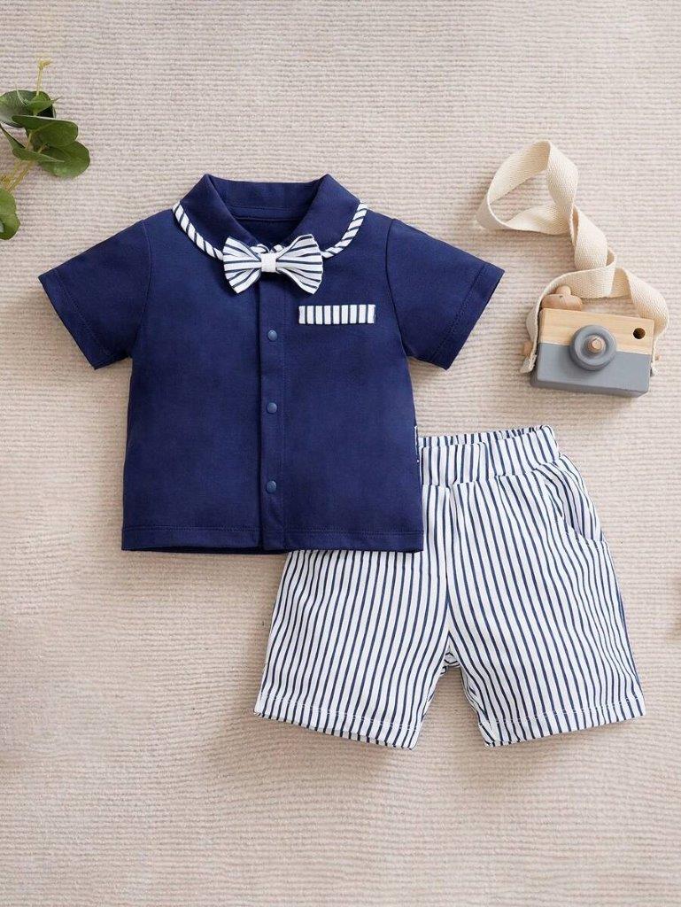 Baby Stripe Bow 2 Piece Set Navy Blue