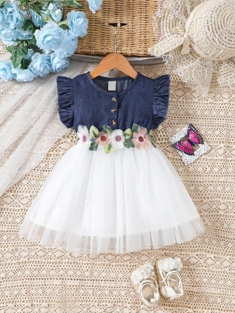 Baby Front Button Navy Decorated Flower Dress