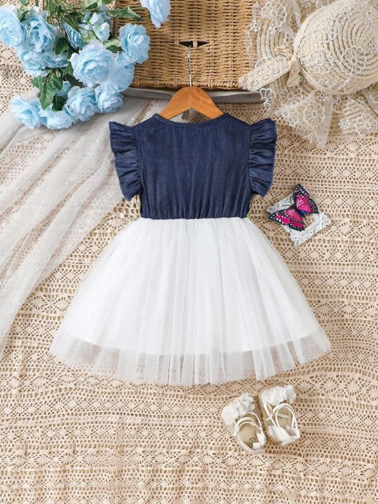 Baby Front Button Navy Decorated Flower Dress