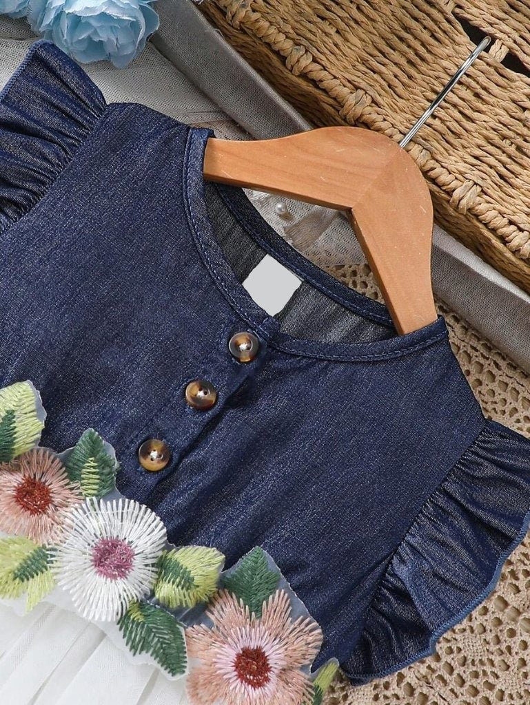 Baby Front Button Navy Decorated Flower Dress