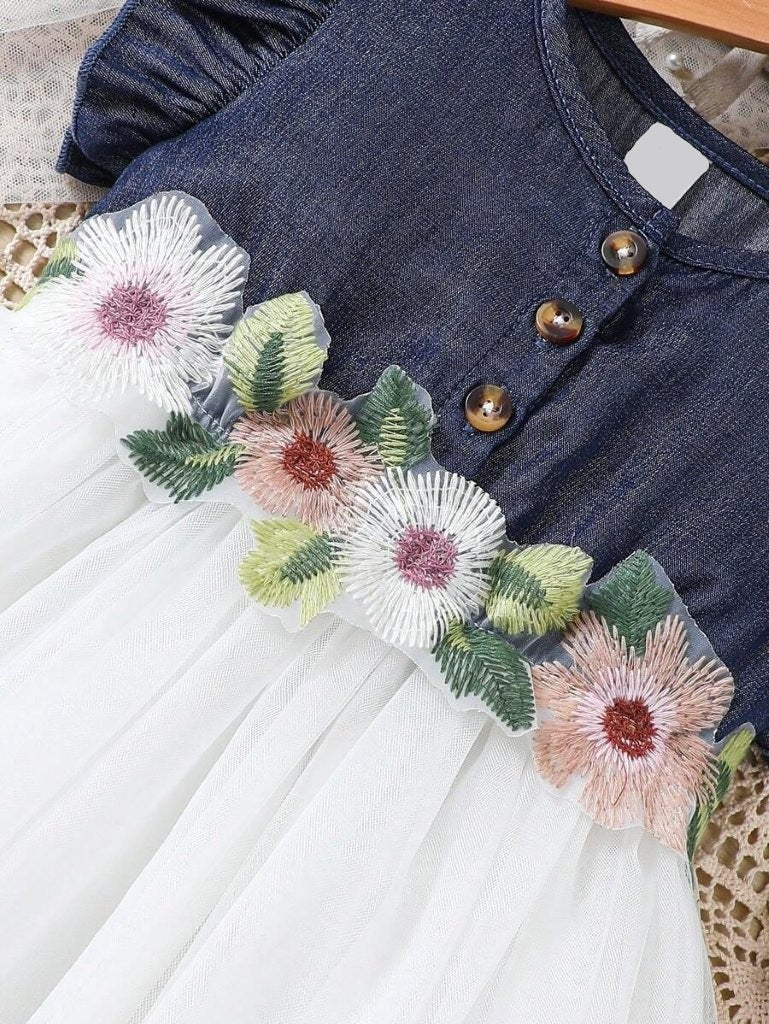 Baby Front Button Navy Decorated Flower Dress