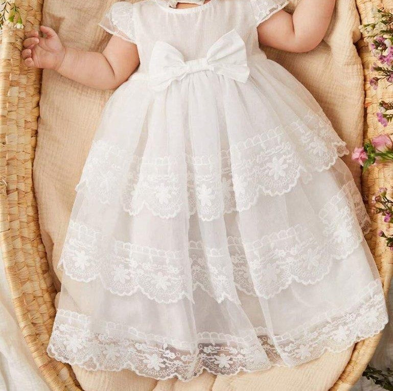 Baby White Elegant Mesh Lace Dress WithHat