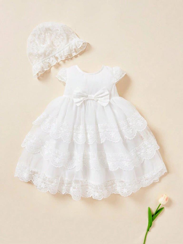 Baby White Elegant Mesh Lace Dress WithHat