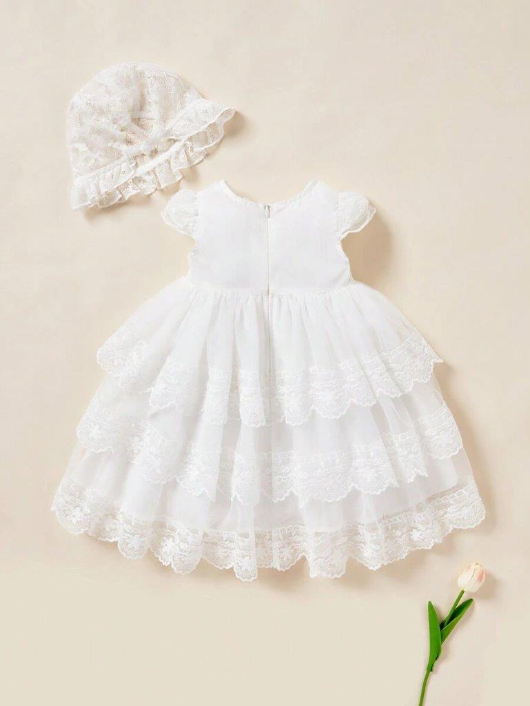 Baby White Elegant Mesh Lace Dress WithHat