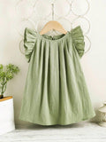 Baby Green Round Neck Frilled Sleeve Dress