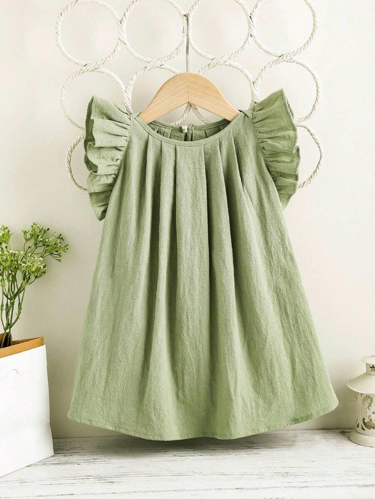 Baby Green Round Neck Frilled Sleeve Dress