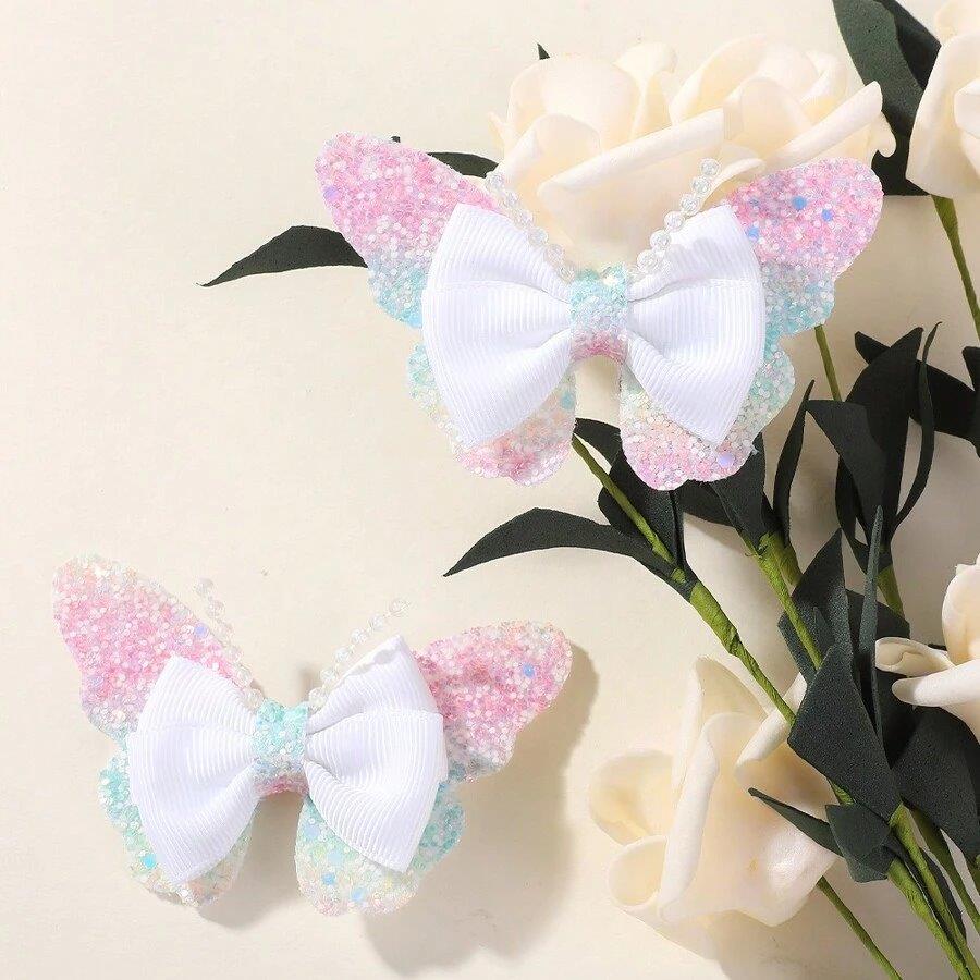 2 Piece Glitter Butterfly Hair Clips White