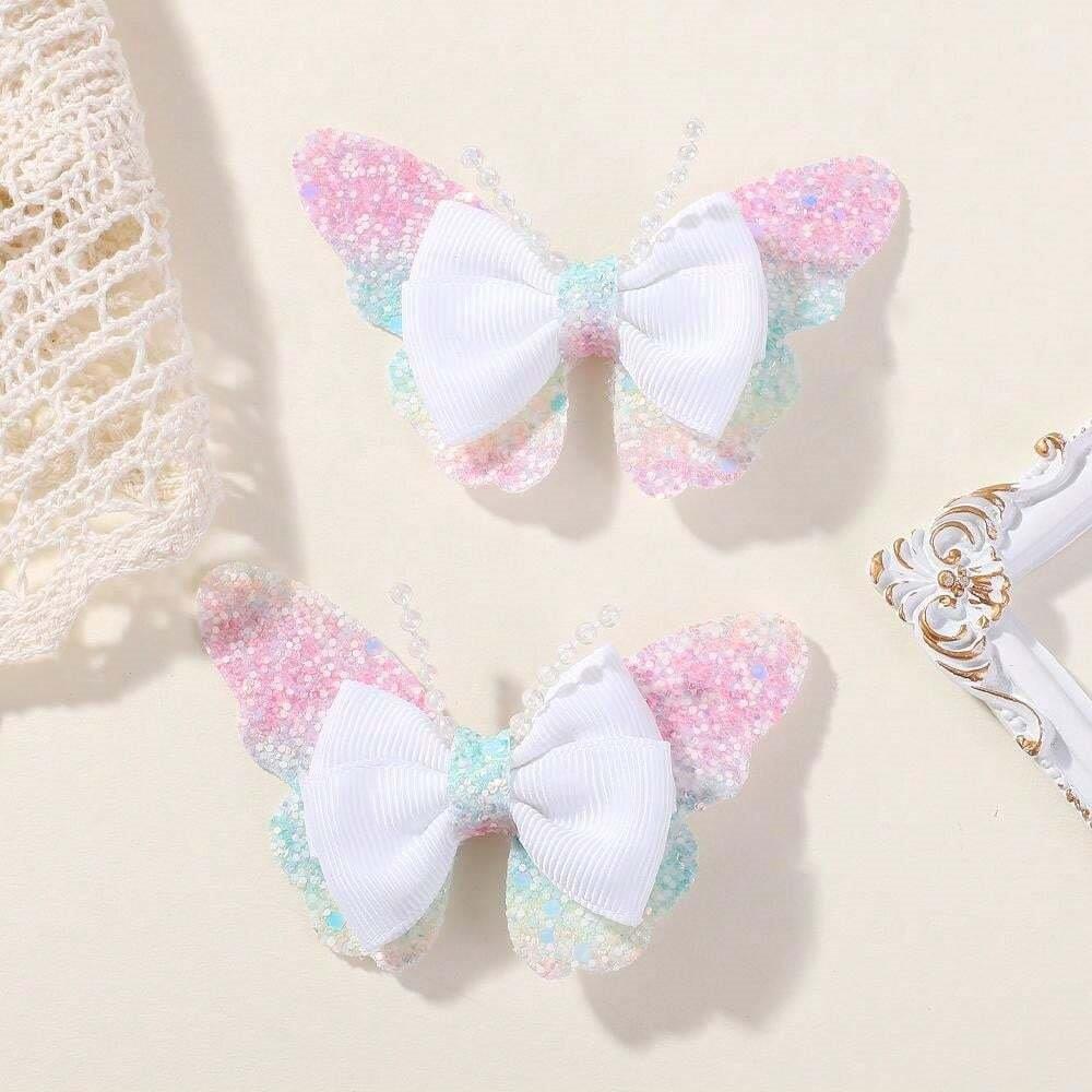 2 Piece Glitter Butterfly Hair Clips White
