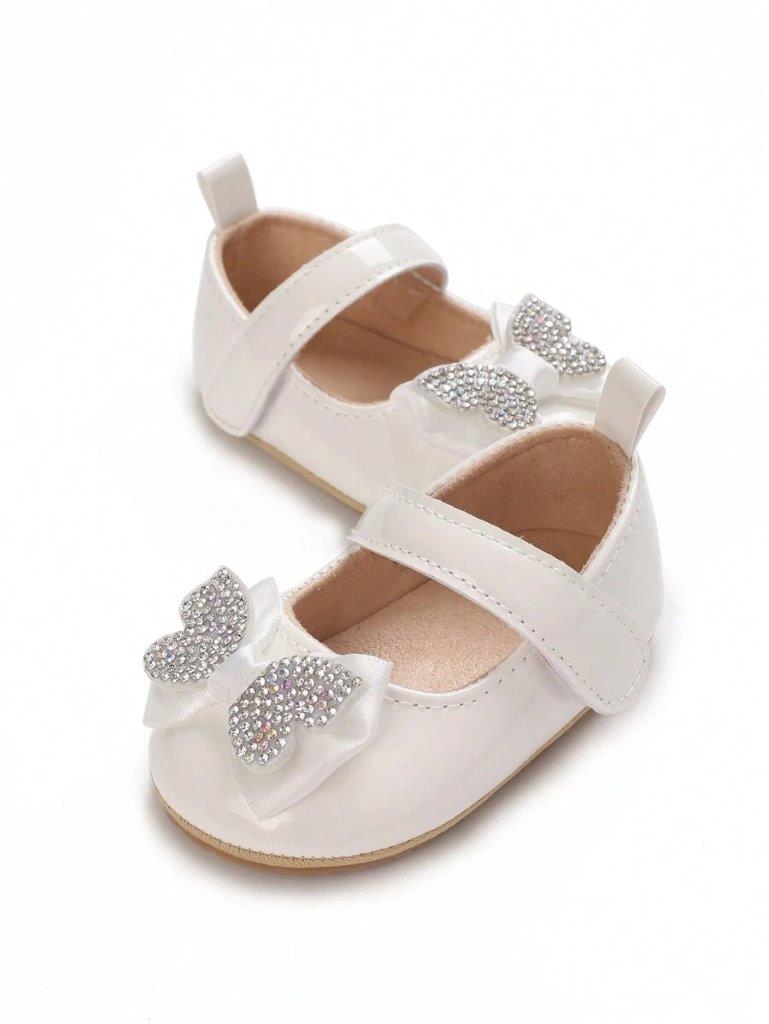 Baby Diamante Bow Shiny Shoes White