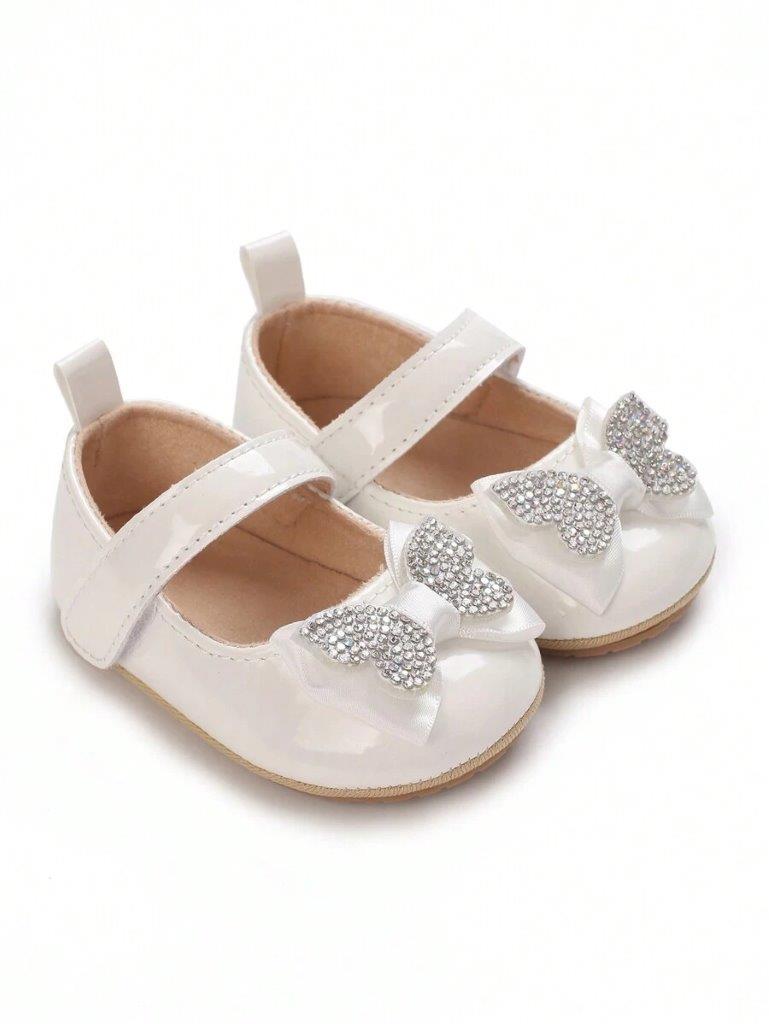 Baby Diamante Bow Shiny Shoes White