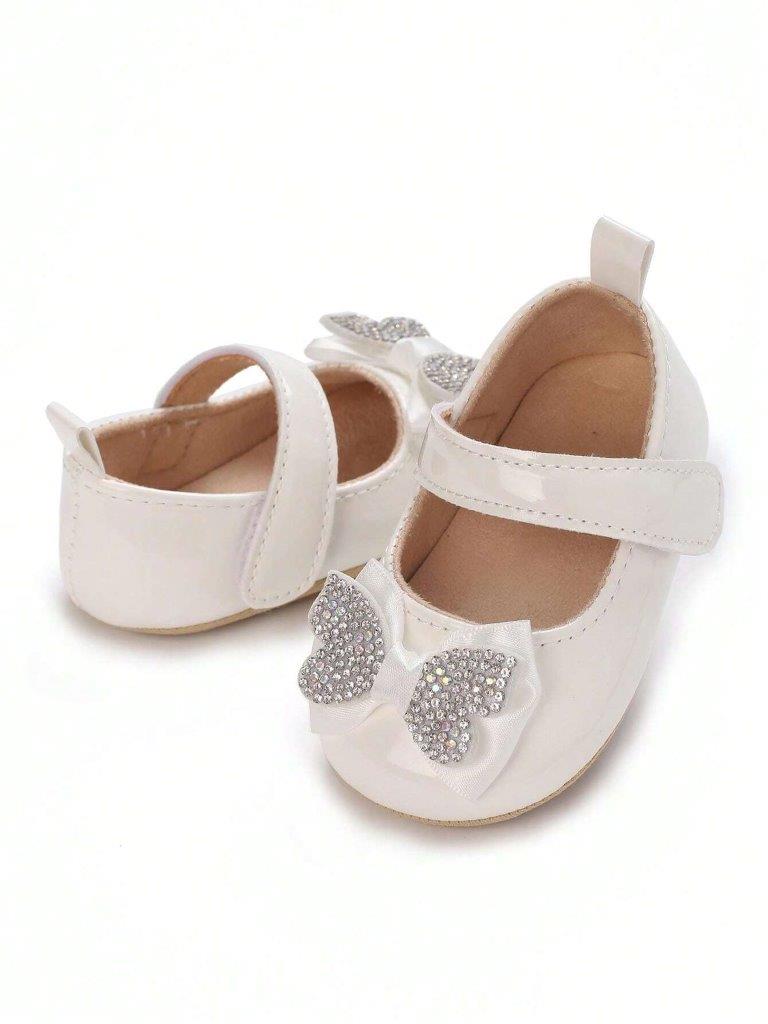 Baby Diamante Bow Shiny Shoes White
