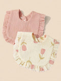 100% Cotton Stylish Ruffle Trim Bibs 2 Piece Pink