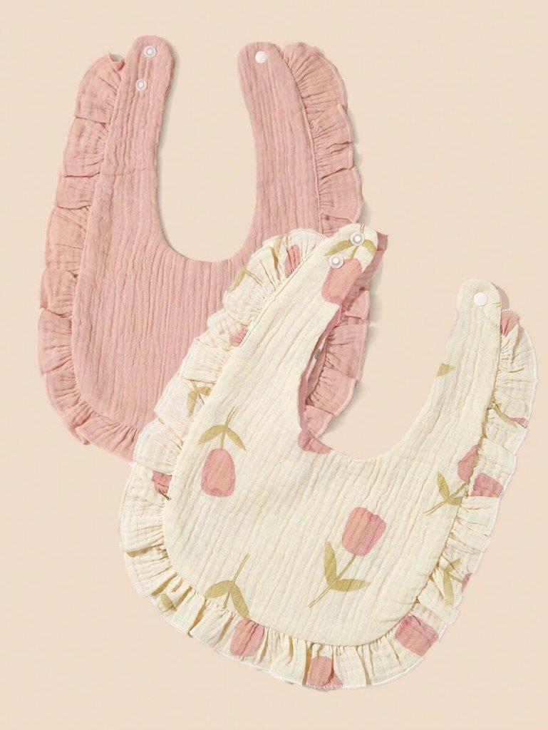 100% Cotton Stylish Ruffle Trim Bibs 2 Piece Pink