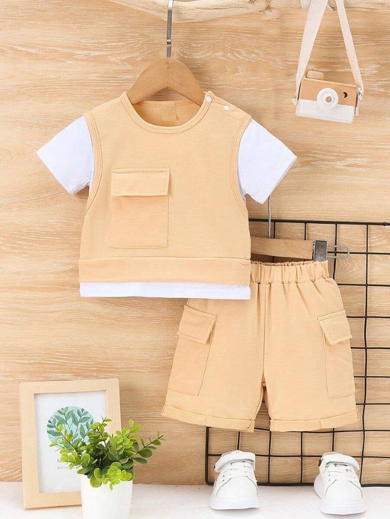 Baby Khaki Pocket Tee And Shorts Set