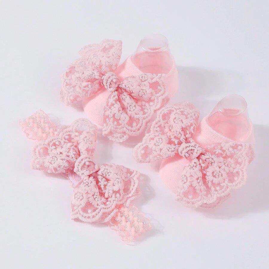 Baby Lace Decor Socks With Headband Pink