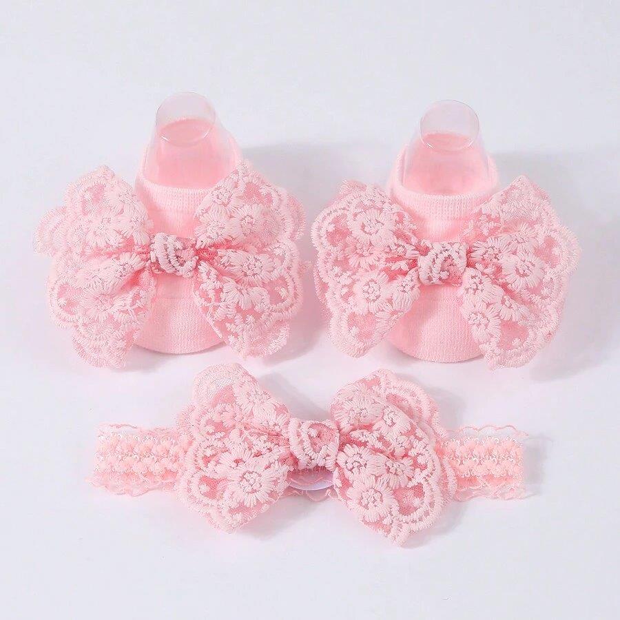 Baby Lace Decor Socks With Headband Pink