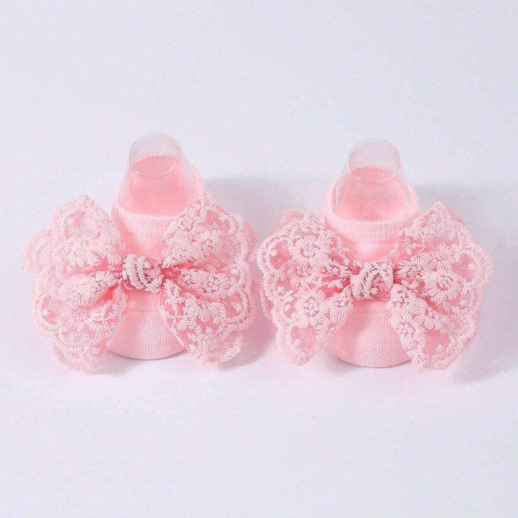 Baby Lace Decor Socks With Headband Pink