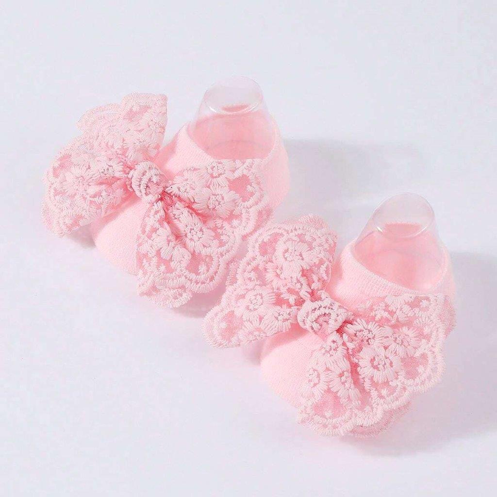 Baby Lace Decor Socks With Headband Pink