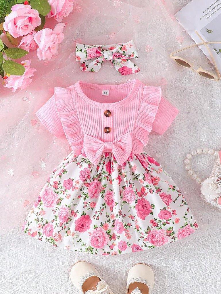 Baby Pink Floral Bow Button Dress