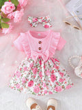 Baby Pink Floral Bow Button Dress