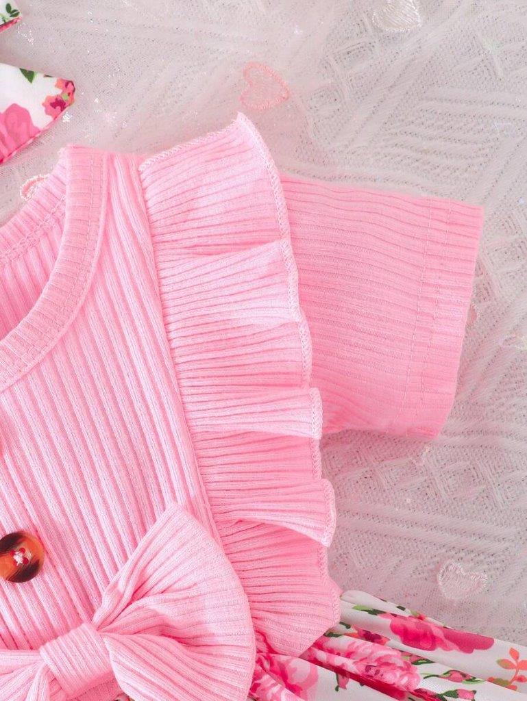 Baby Pink Floral Bow Button Dress