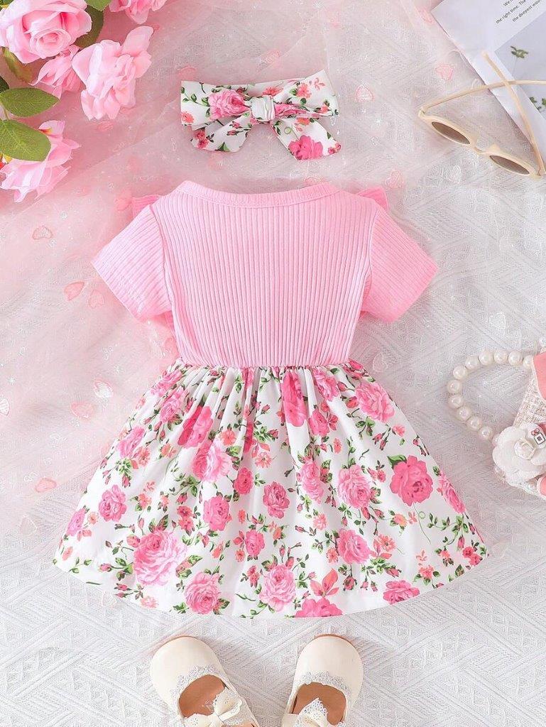 Baby Pink Floral Bow Button Dress