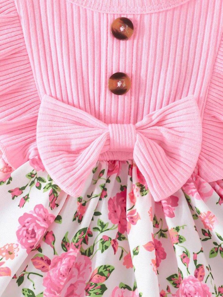 Baby Pink Floral Bow Button Dress