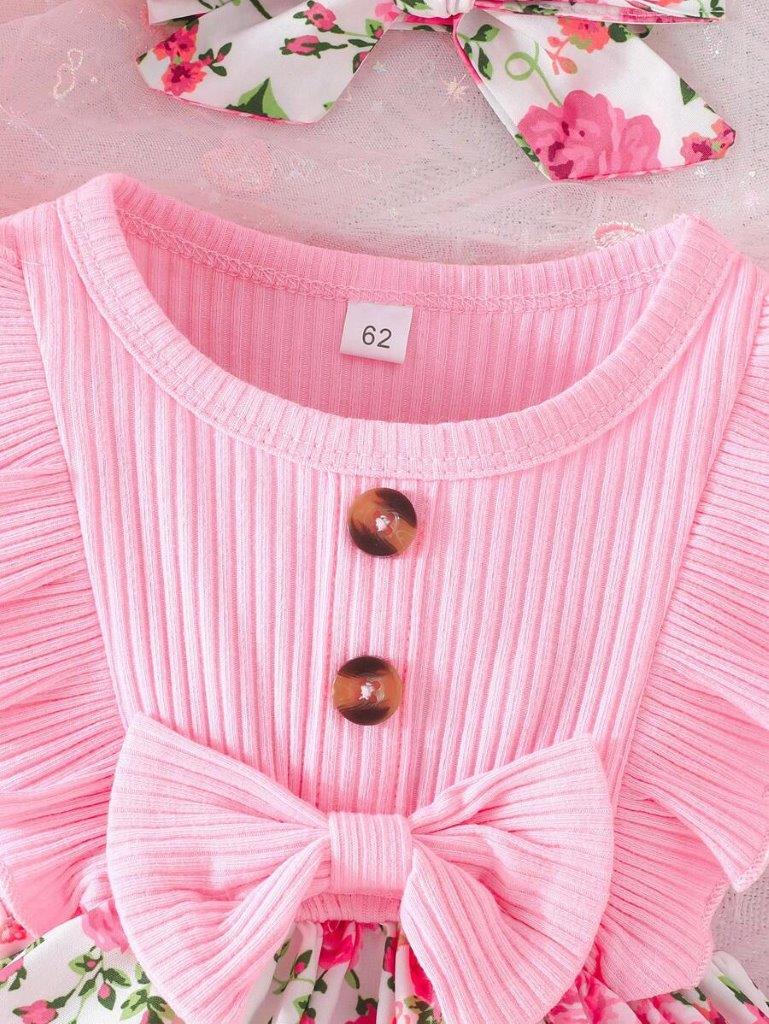 Baby Pink Floral Bow Button Dress