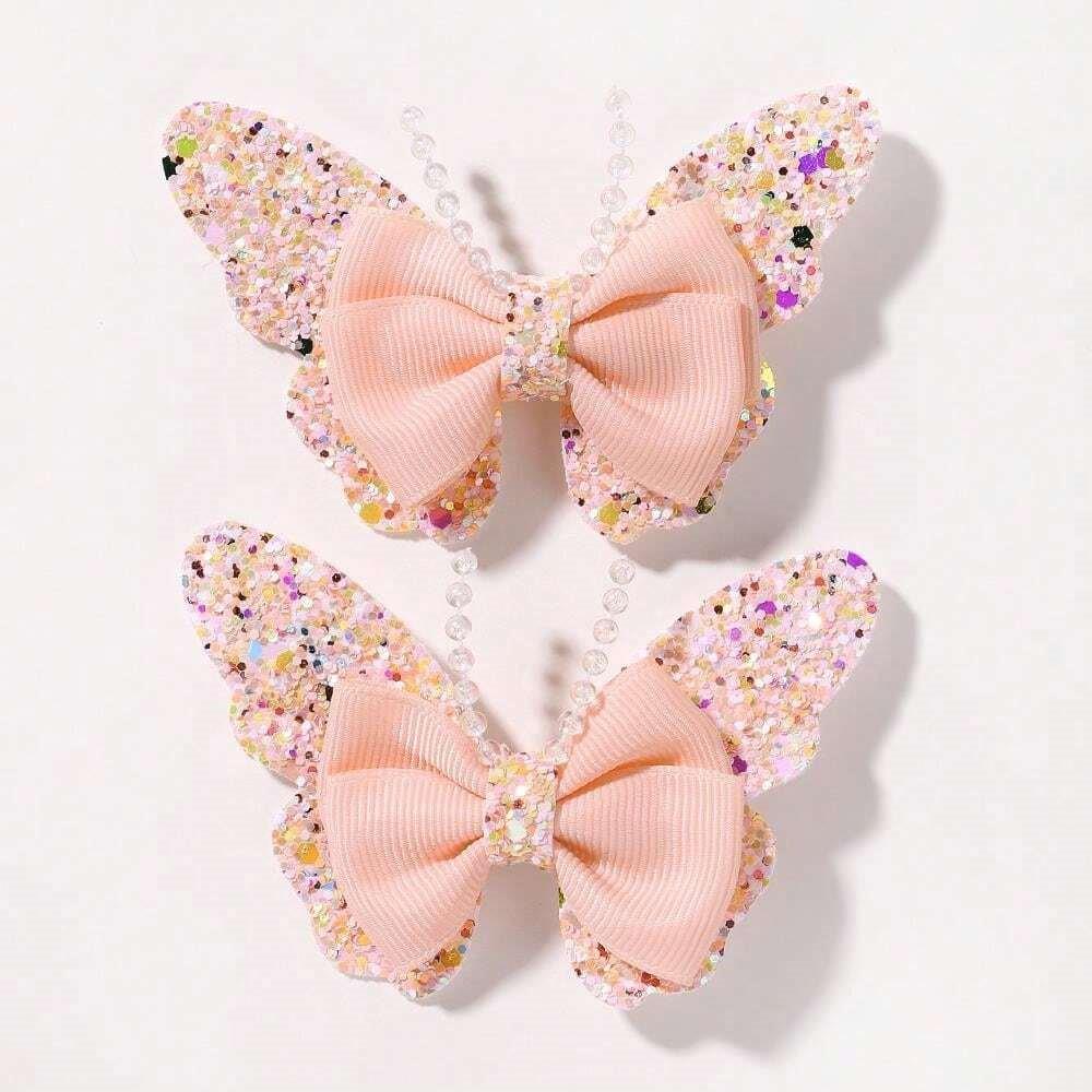 2 Piece Glitter Butterfly Hair Clips Apricot