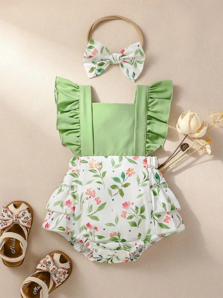 Baby Floral Green Bodysuit Dress And Headband Set