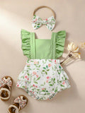 Baby Floral Green Bodysuit Dress And Headband Set