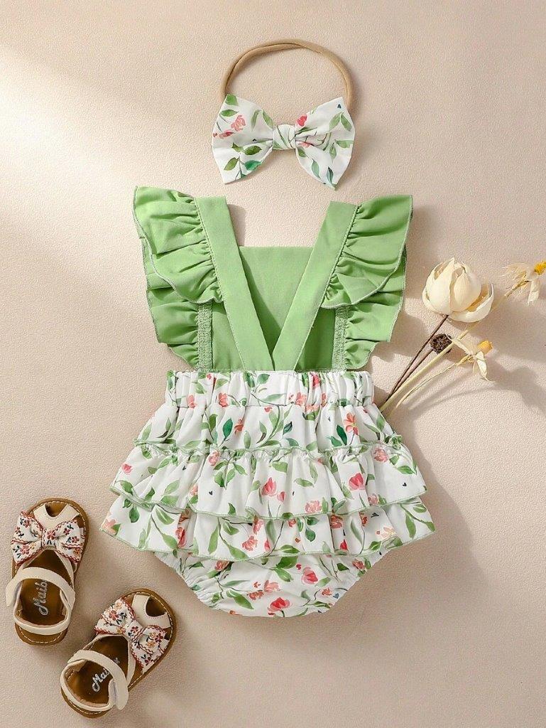 Baby Floral Green Bodysuit Dress And Headband Set