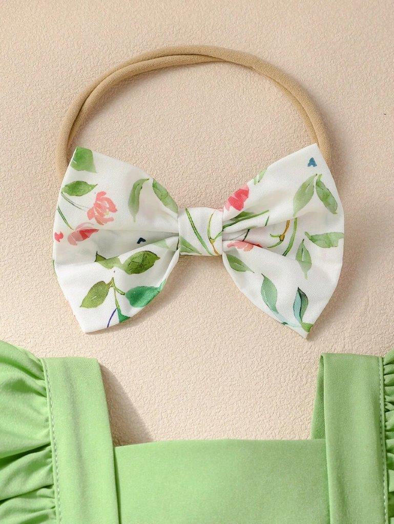 Baby Floral Green Bodysuit Dress And Headband Set