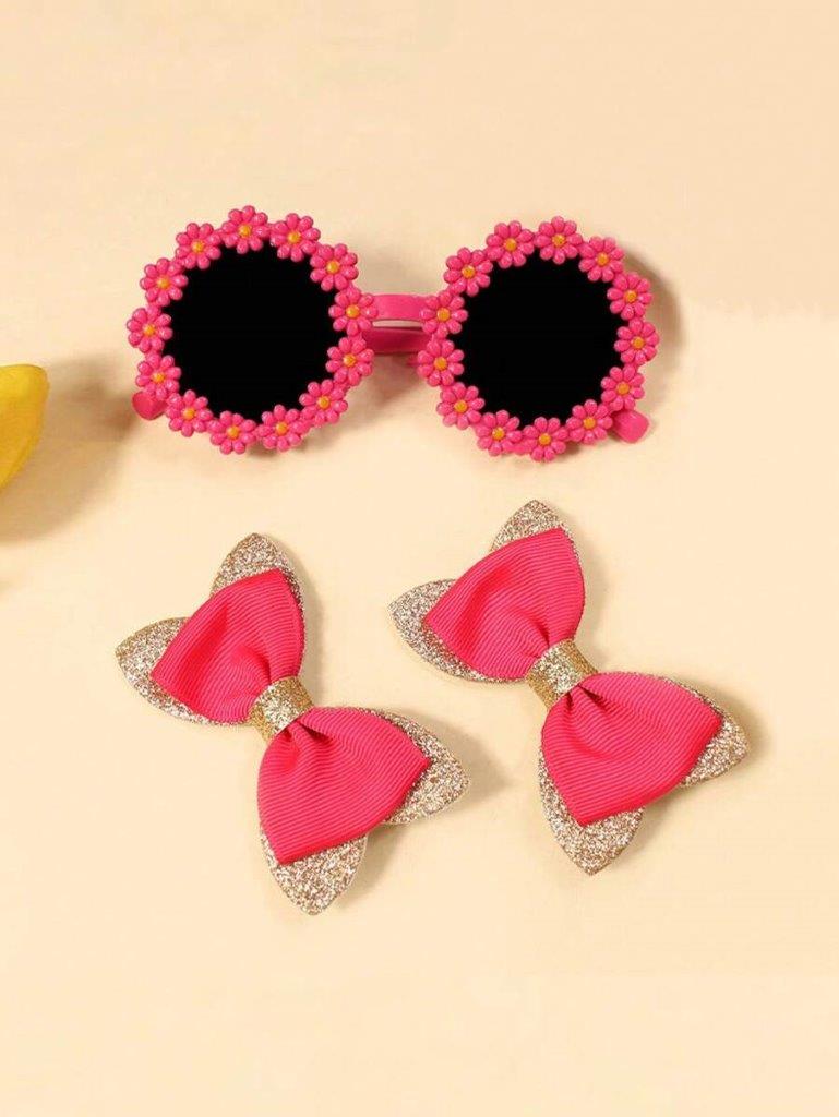 Kids Daisy Sunglasses With Hair Clips Set Hot Pink