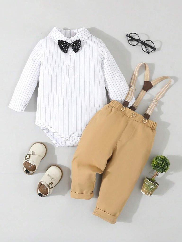 Baby Dotted Bow Tie Shirt And Pants Set