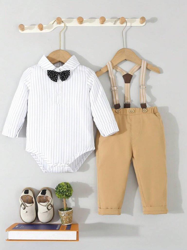 Baby Dotted Bow Tie Shirt And Pants Set