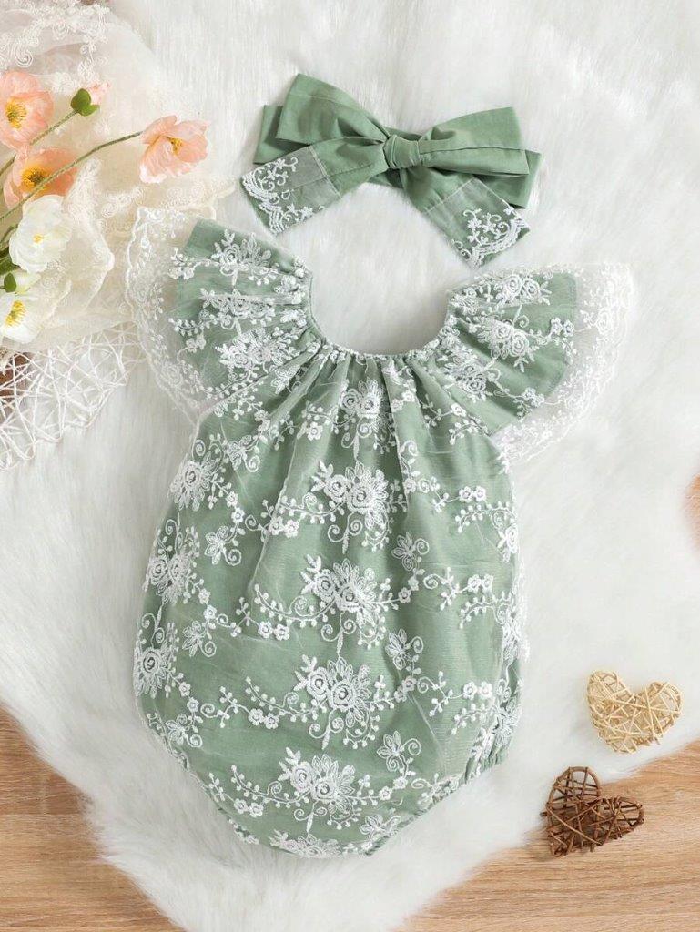 Baby Green Embroidery Lace Bodysuit Set